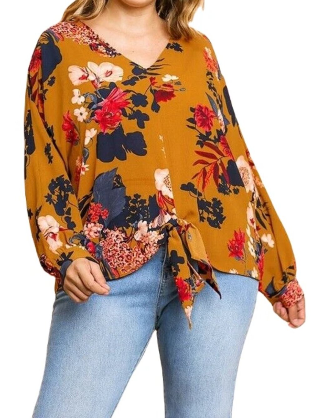 Umgee Size XL Floral Multicolor Long Sleeve Tie Front Boho Top Blouse